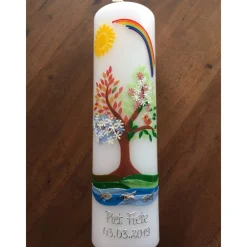 Taufkerze Lebensbaum Jungen Mädchen Sonne Regenbogen Jahreszeiten Fische Ichthys Wachsverzierungen Wachsbeschriftungen ! Taufkerzen