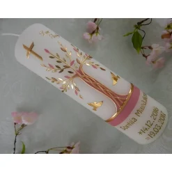 Taufkerzen|Lenz Kerzen Taufkerze Mädchen Lebensbaum rosa gold Baum des Lebens Regenbogen Namenskette Name Datum Spruch individualisierbar