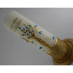 Taufkerzen|Lenz Kerzen Taufkerze Mädchen Lebensbaum  gold blau Baum des Lebens Regenbogen Namenskette Name Datum Spruch individualisierbar