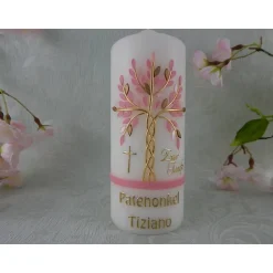 Taufkerzen|Lenz Kerzen Taufkerze Mädchen Lebensbaum rosa silber Baum des Lebens Taufsymbole Schleife Name Datum Spruch individualisierbar