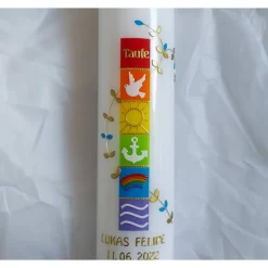 Taufkerzen|Kerzenliebe Taufkerze Regenbogen, gold, für Jungs, mit Anker
