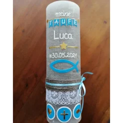 Best Taufkerze RUSTICA, Vintage-Look, SHABBY, Rustikal, Vorname + ICHTHYS - Fisch,  Mädchen, Junge, Kerze, Taufe, inkl Wachsb Kommunionkerzen