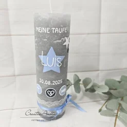Taufkerzen|CreativAnita Taufkerze Rustik- Sterne grau-weiß-hellblau