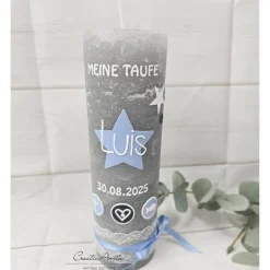 Taufkerzen|CreativAnita Taufkerze Rustik- Sterne grau-weiß-hellblau