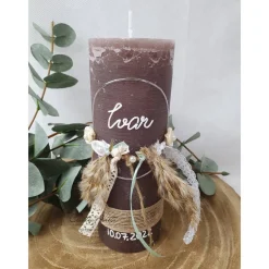 Taufkerzen|CreativAnita Taufkerze Rustikkerze Junge Boho-Stil - Silber-Mint mit Pampasgras