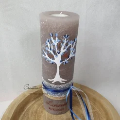 Taufkerzen|CreativAnita Taufkerze Rustikkerze Schlamm mit Lebensbaum und christlichen Symbolen Blau-Kupfer