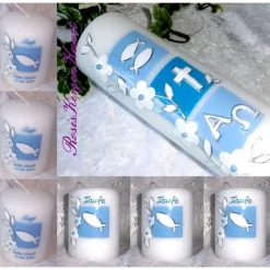 Taufkerzen-SET  * JOHN *  1 TAUFKERZE + 6x GASTGESCHENKE-KERZEN * CHRISTLICHE SYMBOLE * BLAU FÜR BUBEN * Taufkerzen