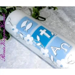 Taufkerzen-SET  * JOHN *  1 TAUFKERZE + 6x GASTGESCHENKE-KERZEN * CHRISTLICHE SYMBOLE * BLAU FÜR BUBEN * Taufkerzen