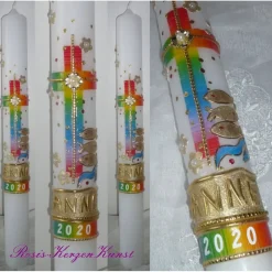 Taufkerzen|Rosis-KerzenKunst & mehr Taufkerzen-SET "Anne" * 1 TAUFKERZE + 6x GASTGESCHENKE-KERZEN * Regenbogenfarben * Mädchen * Buben *