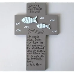 New Taufkreuz Fisch 3D – Handbemaltes Holzkreuz zur Taufe, Kommunion & Geburt, einzigartiges Geschenk Geschenke