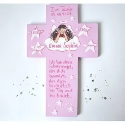 Outlet Taufkreuz Mädchen personalisiert – handbemaltes Holzkreuz als einzigartiges Taufgeschenk mit Schutzengel & Wunschtext Geschenke