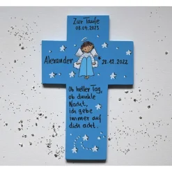 Outlet Taufkreuz personalisiert – Handbemaltes Holzkreuz mit Schutzengel & Spruch als Taufgeschenk für Jungen Geschenke