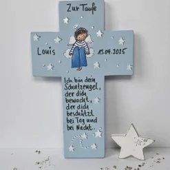 Outlet Taufkreuz personalisiert – Handbemaltes Holzkreuz mit Schutzengel & Spruch als Taufgeschenk für Jungen Geschenke
