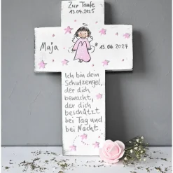 Outlet Taufkreuz Schutzengelkreuz personalisiert für Mädchen – Geschenk Patenkind Kinderkreuz handbemalt Geschenke