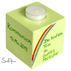 Geschenke|SuAn-Bilder Teelichthalter/Kerzenwürfel/Teelichtwürfel aus Holz "Du bist ein Ton in Gottes Melodie" zur Taufe/Kommunion/Konfirmation