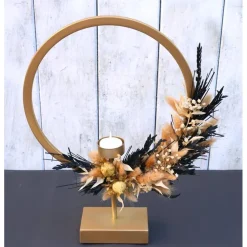 Discount Tisch Gesteck Trockenblumendeko Ringgesteck Tischloop Kreisgesteck goldfarbig schwarz Tischdekoration