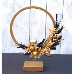 Discount Tisch Gesteck Trockenblumendeko Ringgesteck Tischloop Kreisgesteck goldfarbig schwarz Tischdekoration