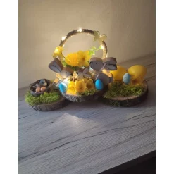 Tischdeko auf Baumscheibe Ostern Hasen m LED Beleuchtung 35x14x18cm Osterdeko
