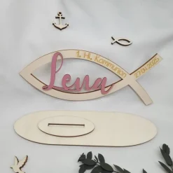 Best Tischdekoration Kommunion Platzdeko Fisch mit Name und Datum aus Holz geschnitten und handgraviert Dekoration