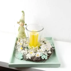 Tischdekoration|DeinZuhause Tischgesteck in grün, mit Windlicht und Kerze, Blumen Elf, Frühlingsdeko,