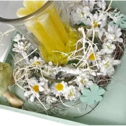 Tischdekoration|DeinZuhause Tischgesteck in grün, mit Windlicht und Kerze, Blumen Elf, Frühlingsdeko,