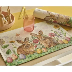 Ostertischdeko|Design in Stoff Tischset Tulip Patch – Frühlingshafte Grüntöne & dezente Tulpen | Gobelin 32x48cm