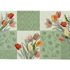 Ostertischdeko|Design in Stoff Tischset Tulip Patch – Frühlingshafte Grüntöne & dezente Tulpen | Gobelin 32x48cm