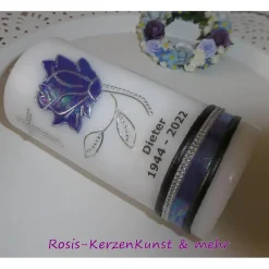 New TRAUERKERZE * GEDENKKERZE * BEISETZUNG * BEERDIGUNG * ROSENMOTIV * INDIVIDUELLE BESCHRIFTUNG * Gedenksteine