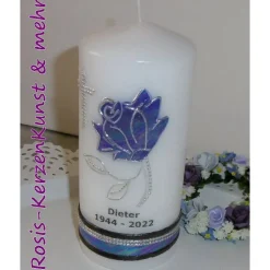 New TRAUERKERZE * GEDENKKERZE * BEISETZUNG * BEERDIGUNG * ROSENMOTIV * INDIVIDUELLE BESCHRIFTUNG * Gedenksteine