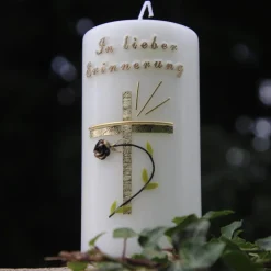 Best Trauerkerze/Gedenkkerze, klein in elfenbein „In lieber Erinnerung“, gold/schwarz, Echtwachsbeschriftung, Trauerkerze Trauerkerzen