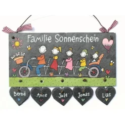 Best Türschild Familie aus Schiefer mit Name und Figuren auf Fahrrad personalisiert - individuelles Schieferschild handgemalt - exklusives Familiengeschenk - dekorativ für Wohnungstür und Hauseingang Gastgeschenke