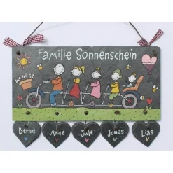 Best Türschild Familie aus Schiefer mit Name und Figuren auf Fahrrad personalisiert - individuelles Schieferschild handgemalt - exklusives Familiengeschenk - dekorativ für Wohnungstür und Hauseingang Gastgeschenke