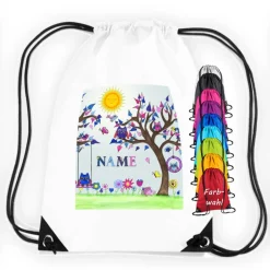 Turnbeutel|Maus-Design Turnbeutel Motiv Eule mit Name / Vogel / Wald / Wiese / Baum / personalisierbar / verschiedene Farben