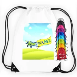 Outlet Turnbeutel Motiv Flugzeug mit Name / Flieger / Wolken / Himmel / personalisierbar / verschiedene Farben Kinder Turnbeutel