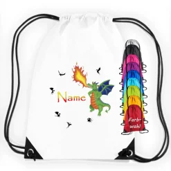 Turnbeutel|Maus-Design Turnbeutel Motiv grüner Drache mit Name / personalisierbar / verschiedene Farben