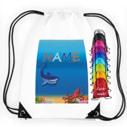 Turnbeutel|Maus-Design Turnbeutel Motiv Hai mit Name / Meer / Ozean / Kraken / personalisierbar / verschiedene Farben