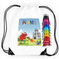 Turnbeutel|Maus-Design Turnbeutel Motiv Ritter mit Name / Burg / Schloss / Drache / personalisierbar / verschiedene Farben
