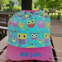 Online Turnbeutel, Rucksack mit Eulen, personalisierbar Kinder Turnbeutel