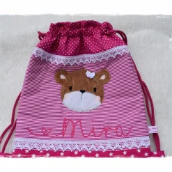 Sale Turnbeutel-/Rucksack pink/weiß mit Doodlestickerei Bärenkopf und Wunschname Kinder Turnbeutel