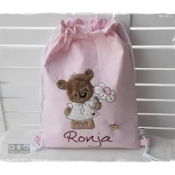 Outlet Turnbeutel/Rucksack rosa Bärli mit Blume und Wunschname Kinder Turnbeutel