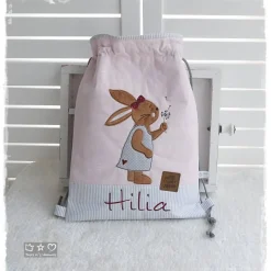 Best Turnbeutel/Rucksack rosagrau Hasenmädchen mit Pusteblume und Wunschname Kinder Turnbeutel