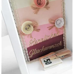 Verpackung für Geldgeschenk – Geschenkbox mit Papierrosen, Herzlichen Glückwunsch, Vintage, Unikat Geschenkverpackungen