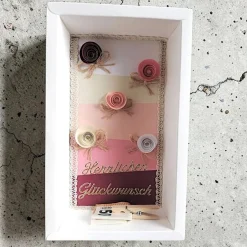 Verpackung für Geldgeschenk – Geschenkbox mit Papierrosen, Herzlichen Glückwunsch, Vintage, Unikat Geschenkverpackungen