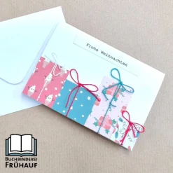 Weihnachtskarten|Buchbinderei Frühauf Verspielte Weihnachtskarte mit Geschenken