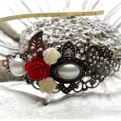Online verzierter Haarreif, Vintage-Stil, Haarreifen, Cabochon, Blume, Rosen, Haarschmuck,Hochzeit, Kommunion,bronzefarben,02 Brautschmuck
