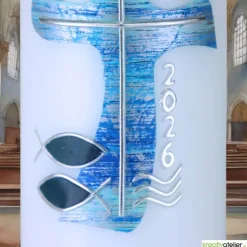 Wasser des Lebens – Moderne Osterkerze religiös mit blauem Kreuz in Wellenform, Fischen & Wellen Osterkerzen