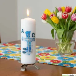 Wasser des Lebens – Moderne Osterkerze religiös mit blauem Kreuz in Wellenform, Fischen & Wellen Osterkerzen
