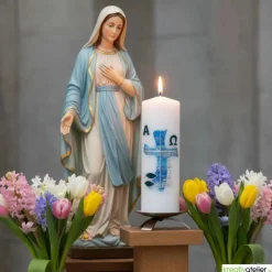 Wasser des Lebens – Moderne Osterkerze religiös mit blauem Kreuz in Wellenform, Fischen & Wellen Osterkerzen