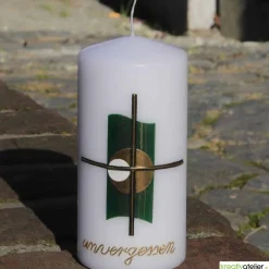 Best weiße, kleine Trauerkerze/Gedenkkerze mit Kreuz und Echtwachsbeschriftung "unvergessen", Kerze zum Gedenken Trauerkerzen