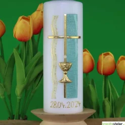 Online Weiße Konfirmationskerze mit Kelch und Kreuz – Gold verziert, personalisierbar Dekoration